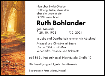 Traueranzeige von Ruth Bohlander von saarbruecker_zeitung