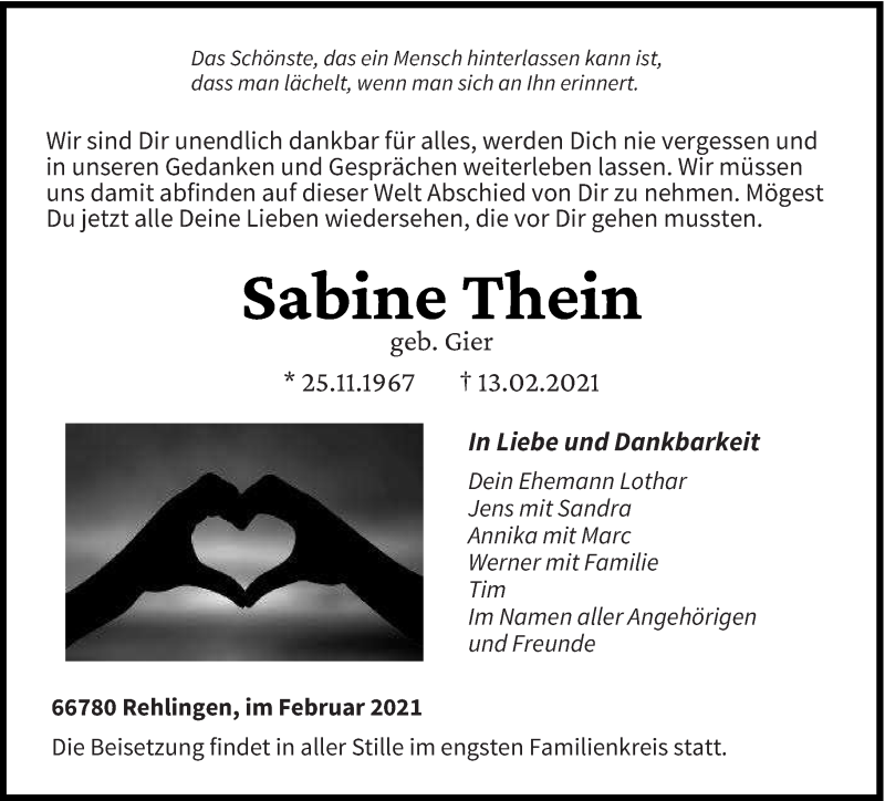  Traueranzeige für Sabine Thein vom 19.02.2021 aus saarbruecker_zeitung