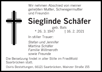 Traueranzeige von Sieglinde Schäfer von saarbruecker_zeitung