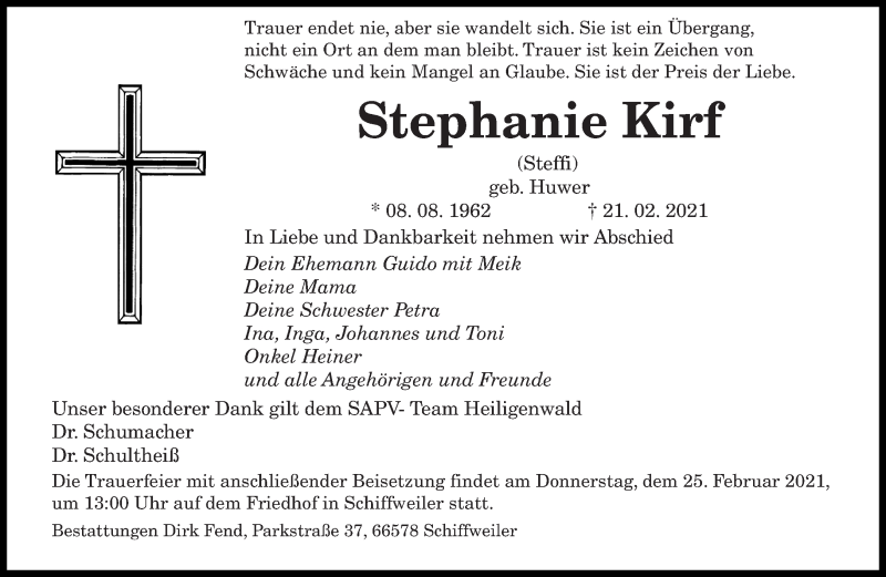  Traueranzeige für Stephanie Kirf vom 24.02.2021 aus saarbruecker_zeitung