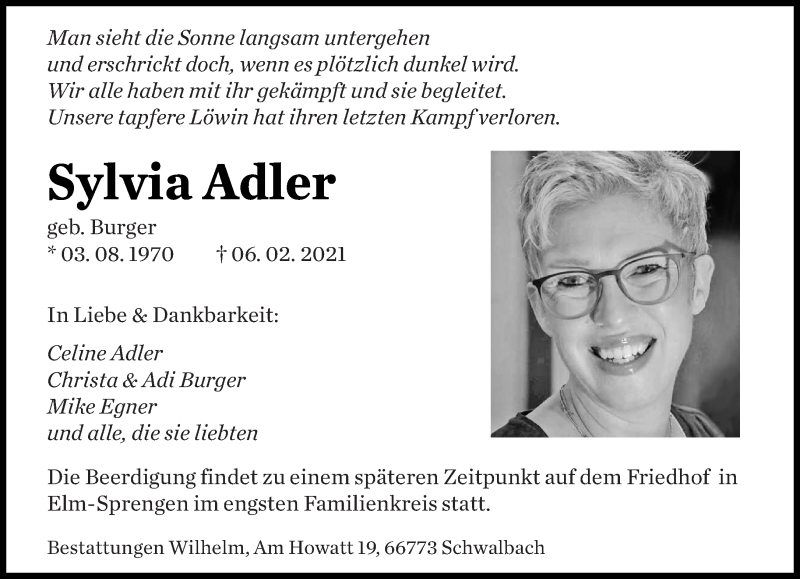  Traueranzeige für Sylvia Adler vom 13.02.2021 aus saarbruecker_zeitung