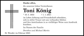 Traueranzeige von Toni König von saarbruecker_zeitung