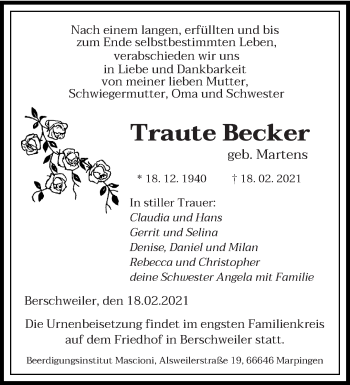Traueranzeige von Traute Becker von saarbruecker_zeitung