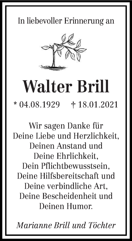  Traueranzeige für Walter Brill vom 27.02.2021 aus saarbruecker_zeitung