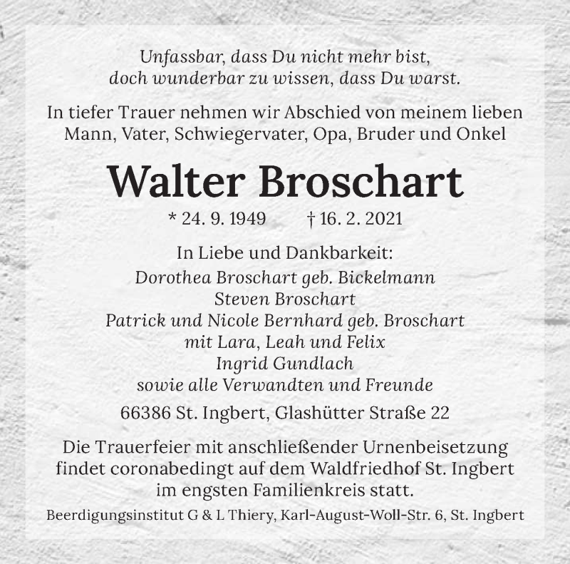  Traueranzeige für Walter Broschart vom 20.02.2021 aus saarbruecker_zeitung
