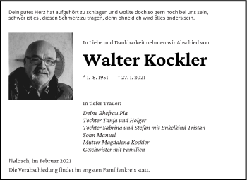 Traueranzeige von Walter Kockler von saarbruecker_zeitung