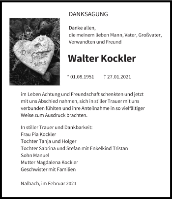 Traueranzeige von Walter Kockler von saarbruecker_zeitung