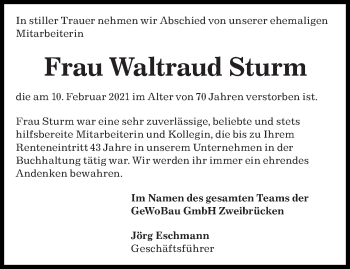 Traueranzeige von Waltraud Sturm von saarbruecker_zeitung