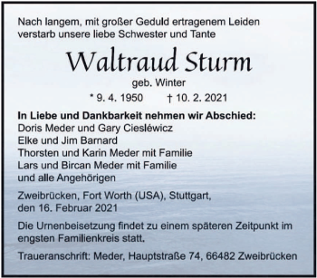 Traueranzeige von Waltraud Sturm von saarbruecker_zeitung