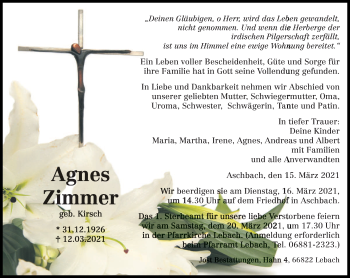 Traueranzeige von Agnes Zimmer von saarbruecker_zeitung