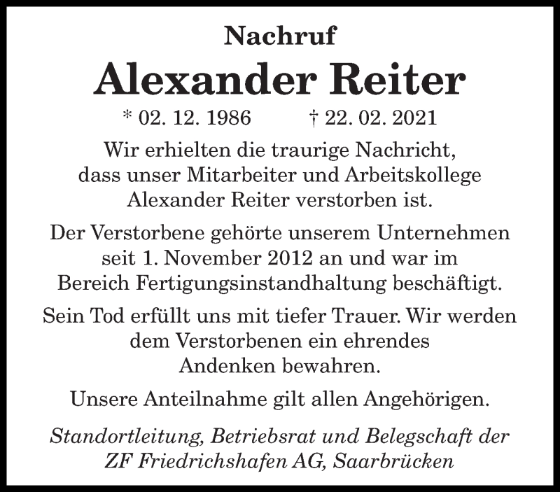  Traueranzeige für Alexander Reiter vom 06.03.2021 aus saarbruecker_zeitung