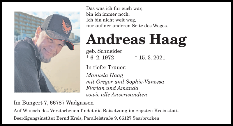  Traueranzeige für Andreas Haag vom 20.03.2021 aus saarbruecker_zeitung