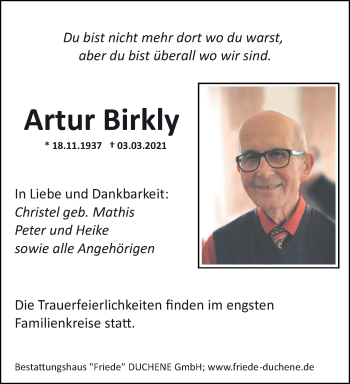 Traueranzeige von Artur Birkly von saarbruecker_zeitung