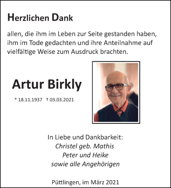 Traueranzeige von Artur Birkly von saarbruecker_zeitung