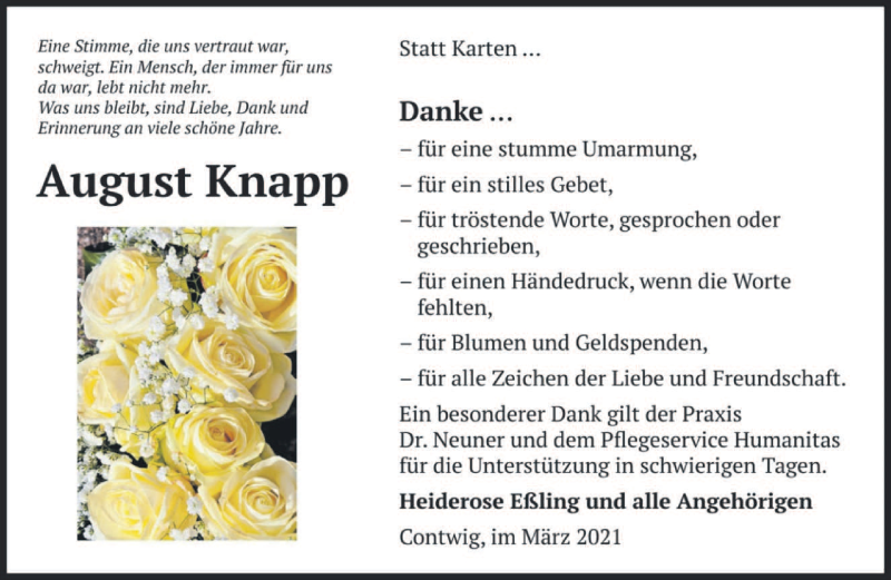  Traueranzeige für August Knapp vom 05.03.2021 aus saarbruecker_zeitung