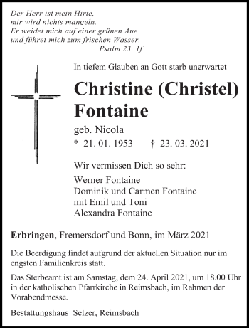 Traueranzeige von Christine Fontaine von saarbruecker_zeitung