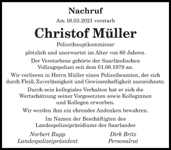 Traueranzeige von Christof Müller von saarbruecker_zeitung
