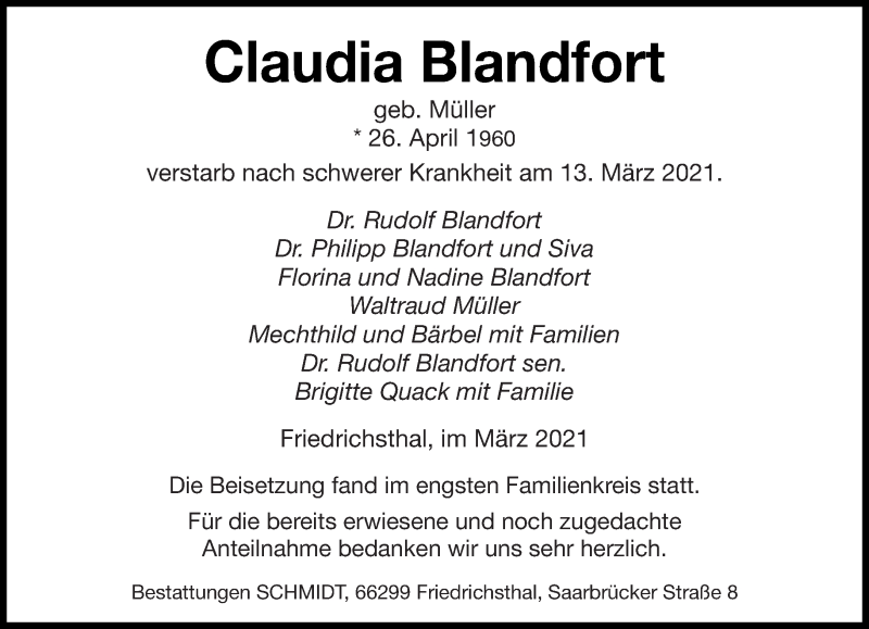  Traueranzeige für Claudia Blandfort vom 20.03.2021 aus saarbruecker_zeitung
