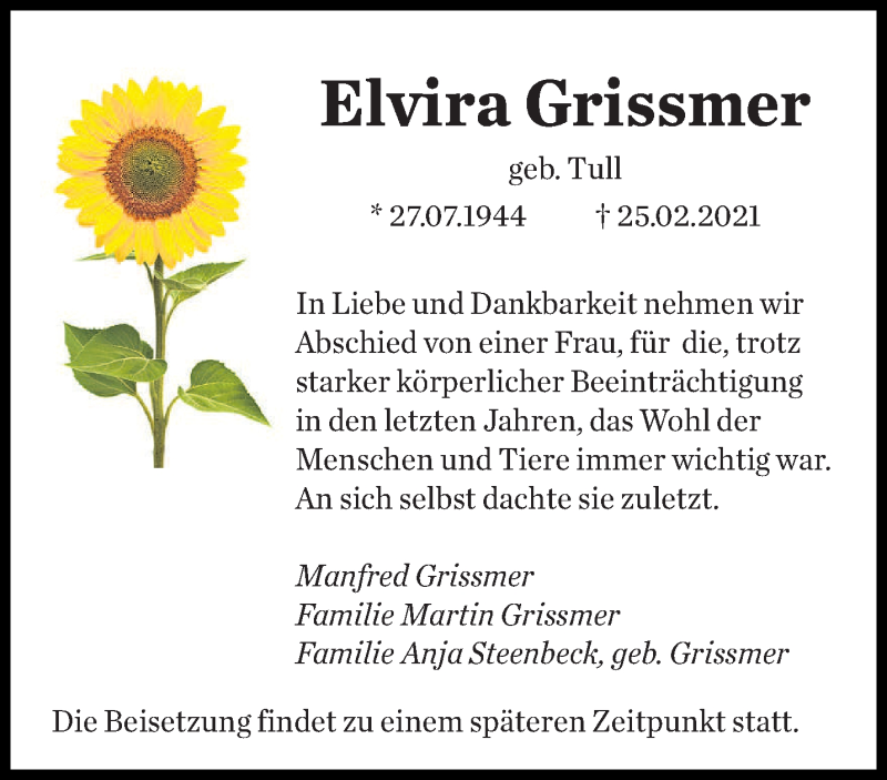  Traueranzeige für Elvira Grissmer vom 04.03.2021 aus saarbruecker_zeitung