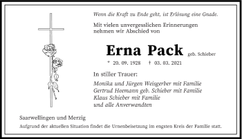 Traueranzeige von Erna Pack von saarbruecker_zeitung