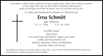 Traueranzeige von Erna Schmitt von saarbruecker_zeitung