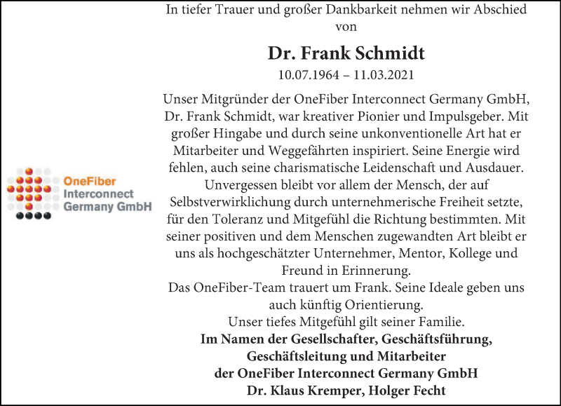  Traueranzeige für Dr. Frank Schmidt vom 20.03.2021 aus saarbruecker_zeitung