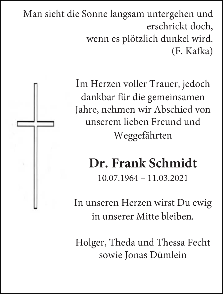  Traueranzeige für Dr. Frank Schmidt vom 20.03.2021 aus saarbruecker_zeitung