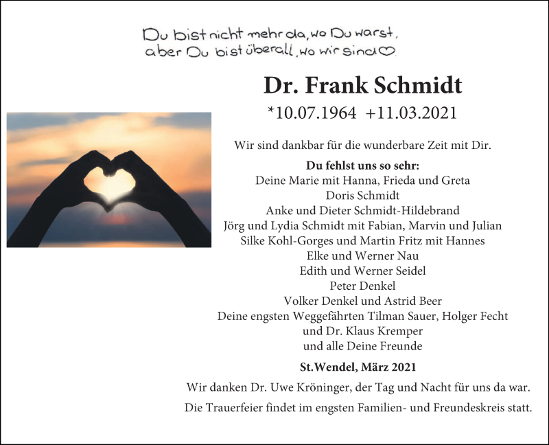  Traueranzeige für Dr. Frank Schmidt vom 20.03.2021 aus saarbruecker_zeitung