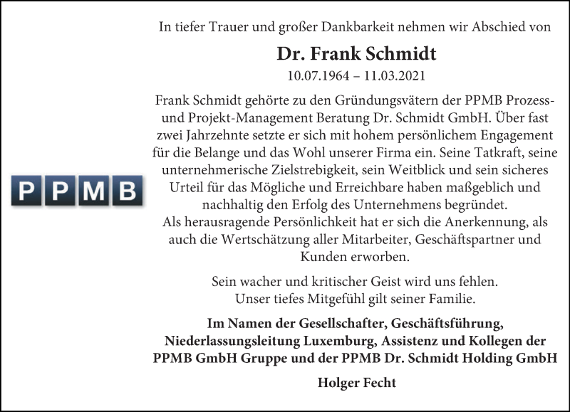  Traueranzeige für Dr. Frank Schmidt vom 20.03.2021 aus saarbruecker_zeitung