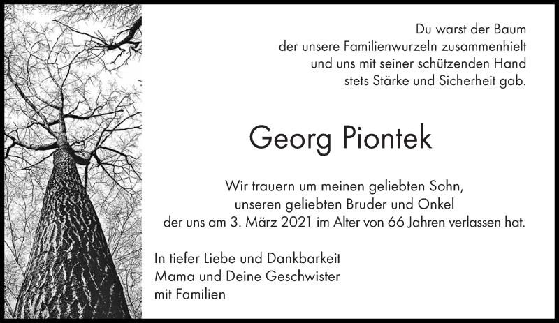  Traueranzeige für Georg Piontek vom 13.03.2021 aus saarbruecker_zeitung