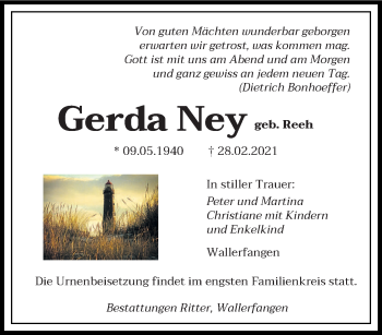 Traueranzeige von Gerda Ney von saarbruecker_zeitung