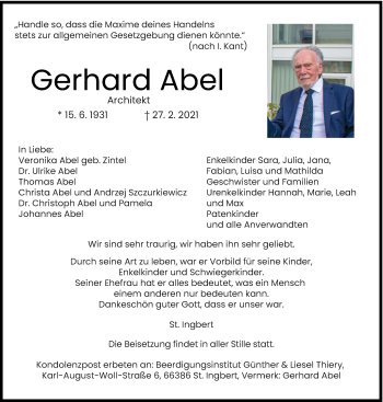 Traueranzeige von Gerhard Abel von saarbruecker_zeitung