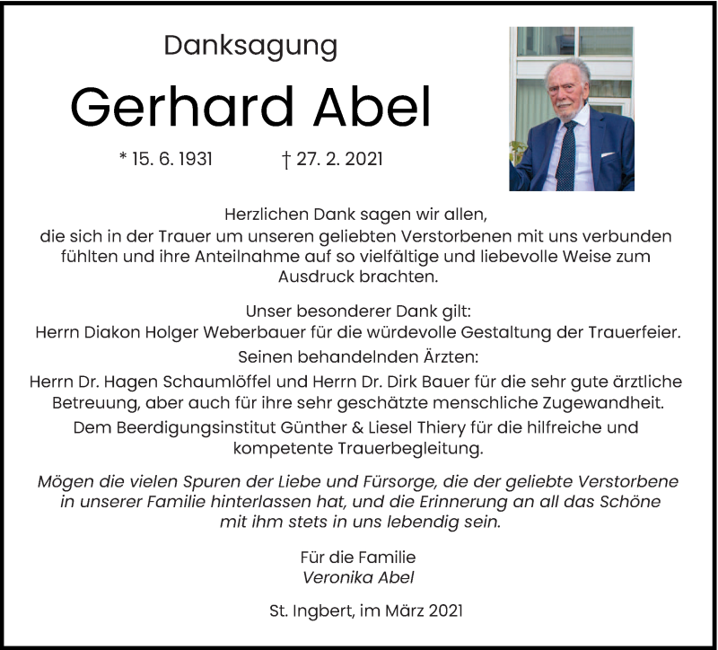  Traueranzeige für Gerhard Abel vom 27.03.2021 aus saarbruecker_zeitung