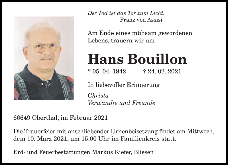  Traueranzeige für Hans Bouillon vom 06.03.2021 aus saarbruecker_zeitung