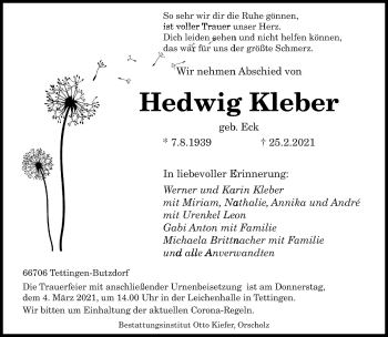 Traueranzeige von Hedwig Kleber von saarbruecker_zeitung
