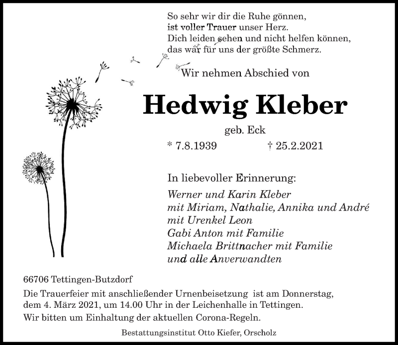  Traueranzeige für Hedwig Kleber vom 01.03.2021 aus saarbruecker_zeitung