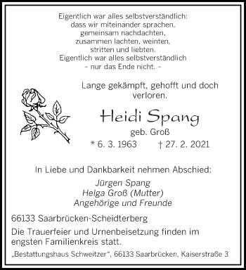Traueranzeige von Heidi Spang von saarbruecker_zeitung