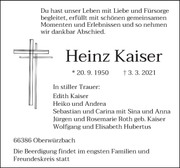 Traueranzeige von Heinz Kaiser von saarbruecker_zeitung
