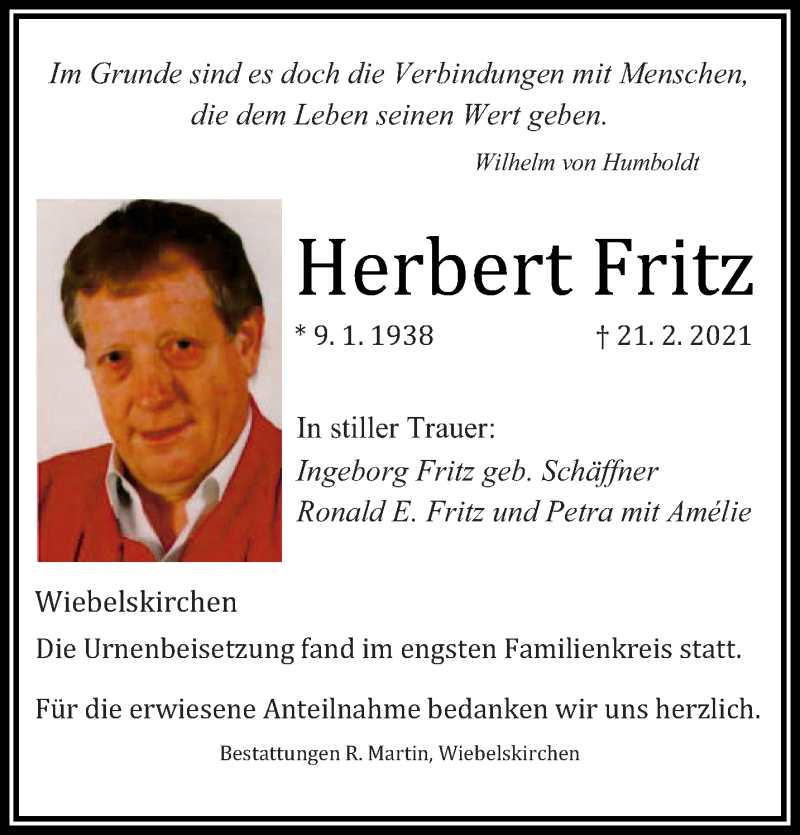  Traueranzeige für Herbert Fritz vom 06.03.2021 aus saarbruecker_zeitung