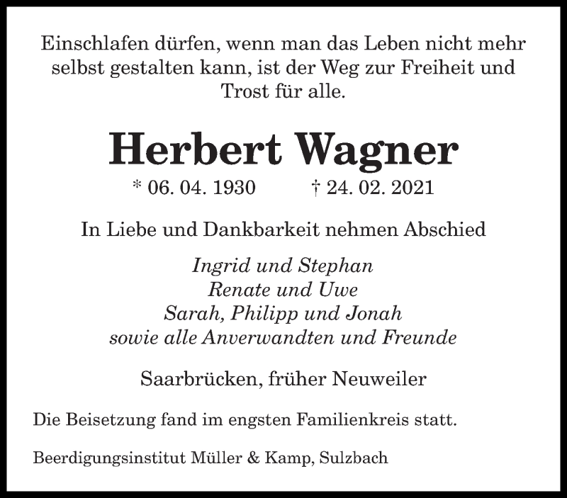  Traueranzeige für Herbert Wagner vom 13.03.2021 aus saarbruecker_zeitung