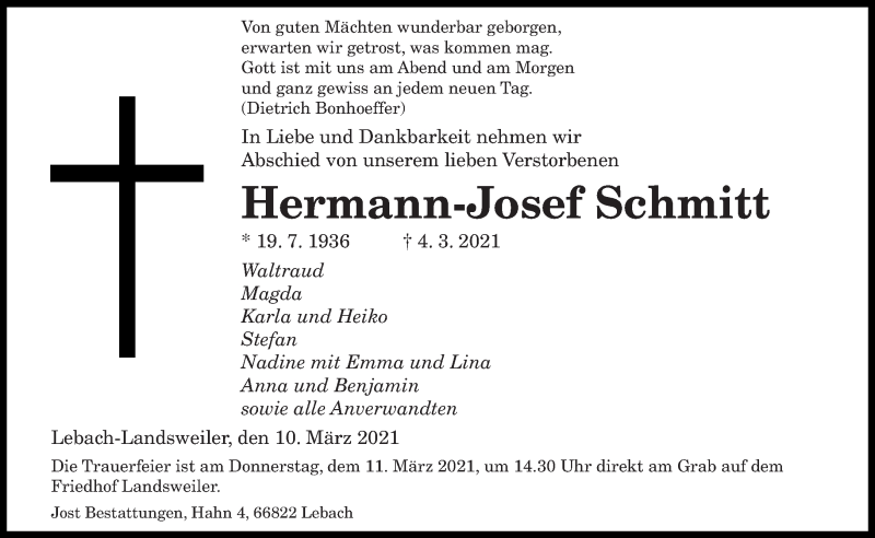  Traueranzeige für Hermann-Josef Schmitt vom 10.03.2021 aus saarbruecker_zeitung
