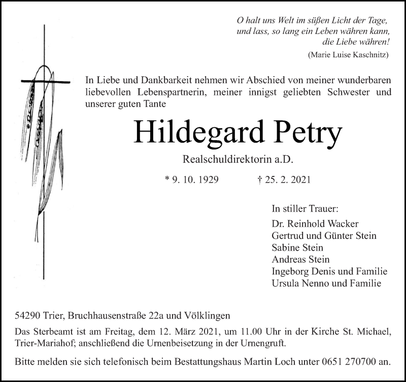  Traueranzeige für Hildegard Petry vom 06.03.2021 aus saarbruecker_zeitung
