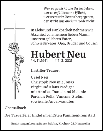 Traueranzeige von Hubert Neu von saarbruecker_zeitung
