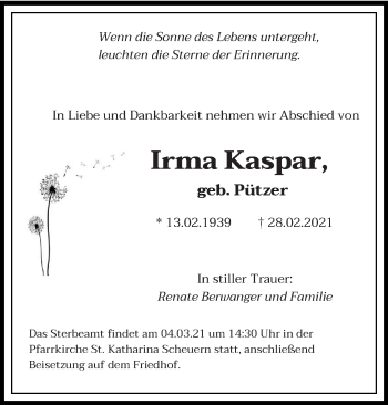 Traueranzeige von Irma Kaspar von saarbruecker_zeitung