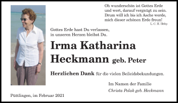 Traueranzeige von Irma Katharina Heckmann von saarbruecker_zeitung
