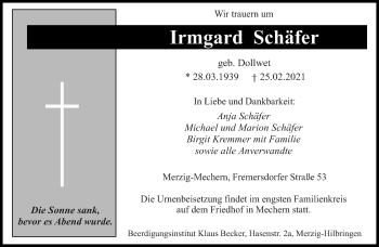 Traueranzeige von Irmgard Schäfer von saarbruecker_zeitung