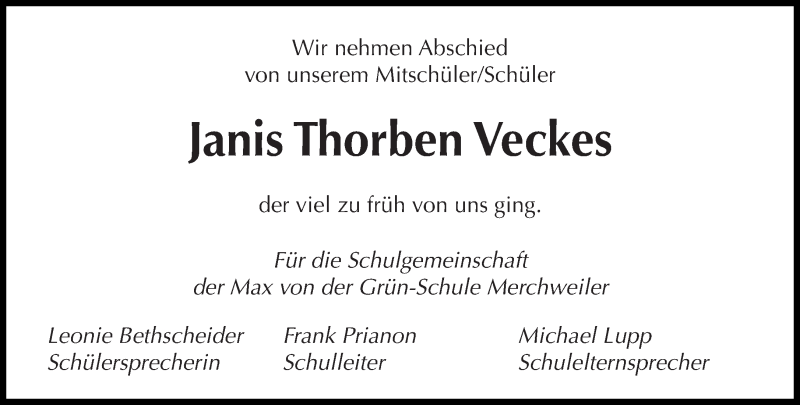  Traueranzeige für Janis Thorben Veckes vom 11.03.2021 aus saarbruecker_zeitung