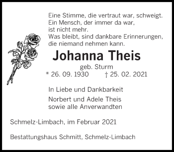 Traueranzeige von Johanna Theis von saarbruecker_zeitung