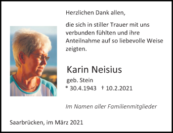Traueranzeige von Karin Neisius von saarbruecker_zeitung