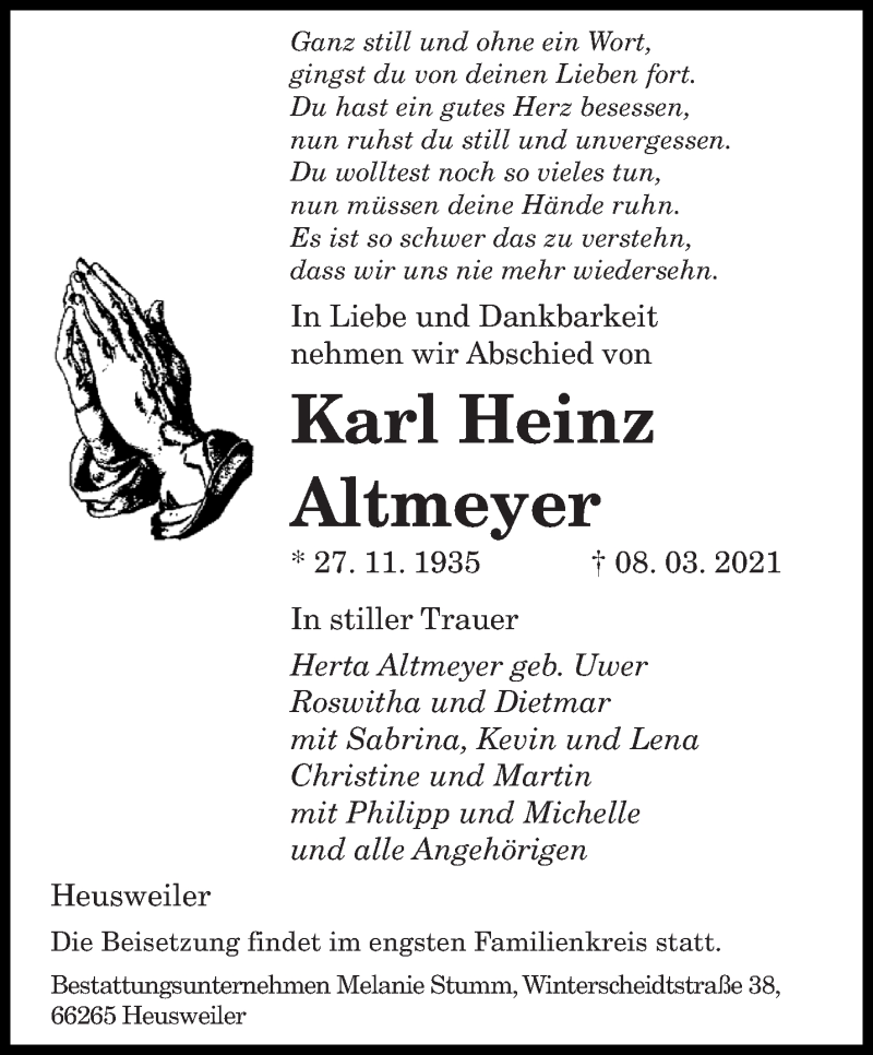  Traueranzeige für Karl Heinz Altmeyer vom 11.03.2021 aus saarbruecker_zeitung